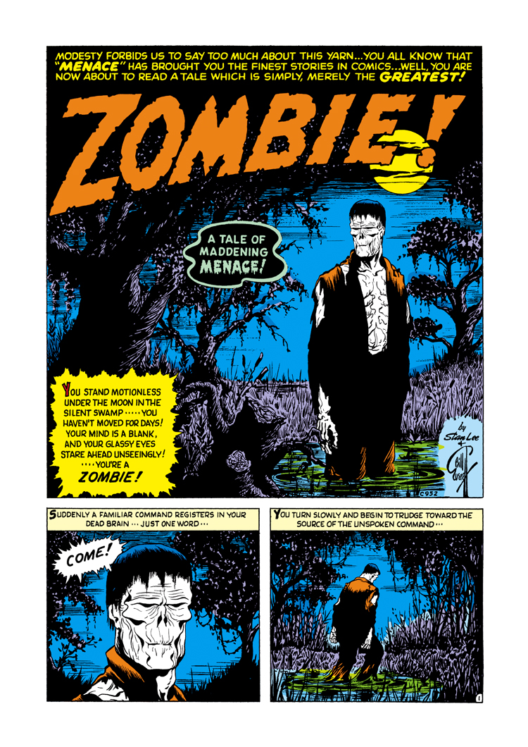 La prima storia di Zombie (di Stan Lee e Bill Everett, come si vede nel marchio a destra in basso nella vignetta iniziale)